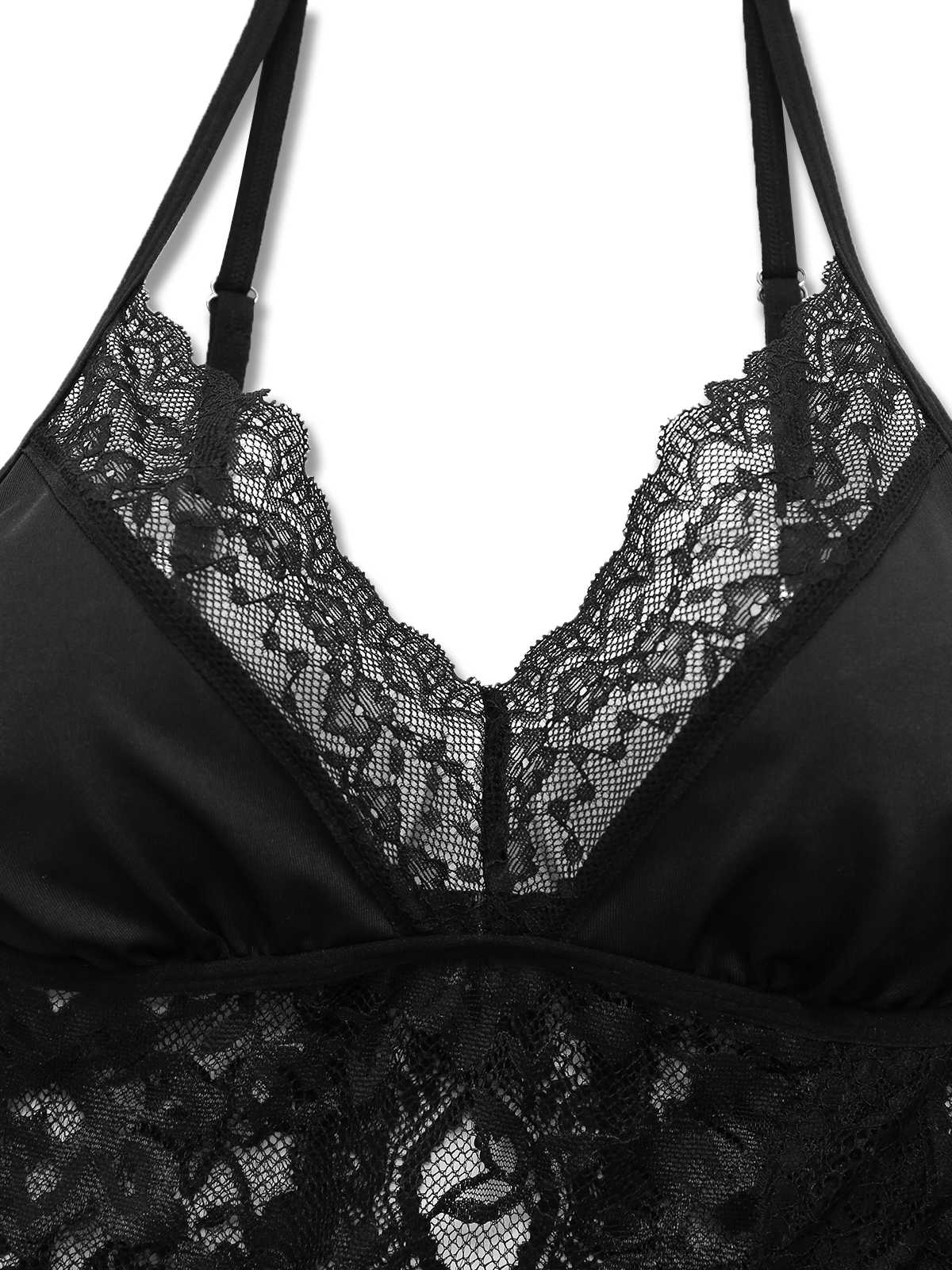 Schwarz 1950er Slip Spitze Blumen Pyjama - Image 3