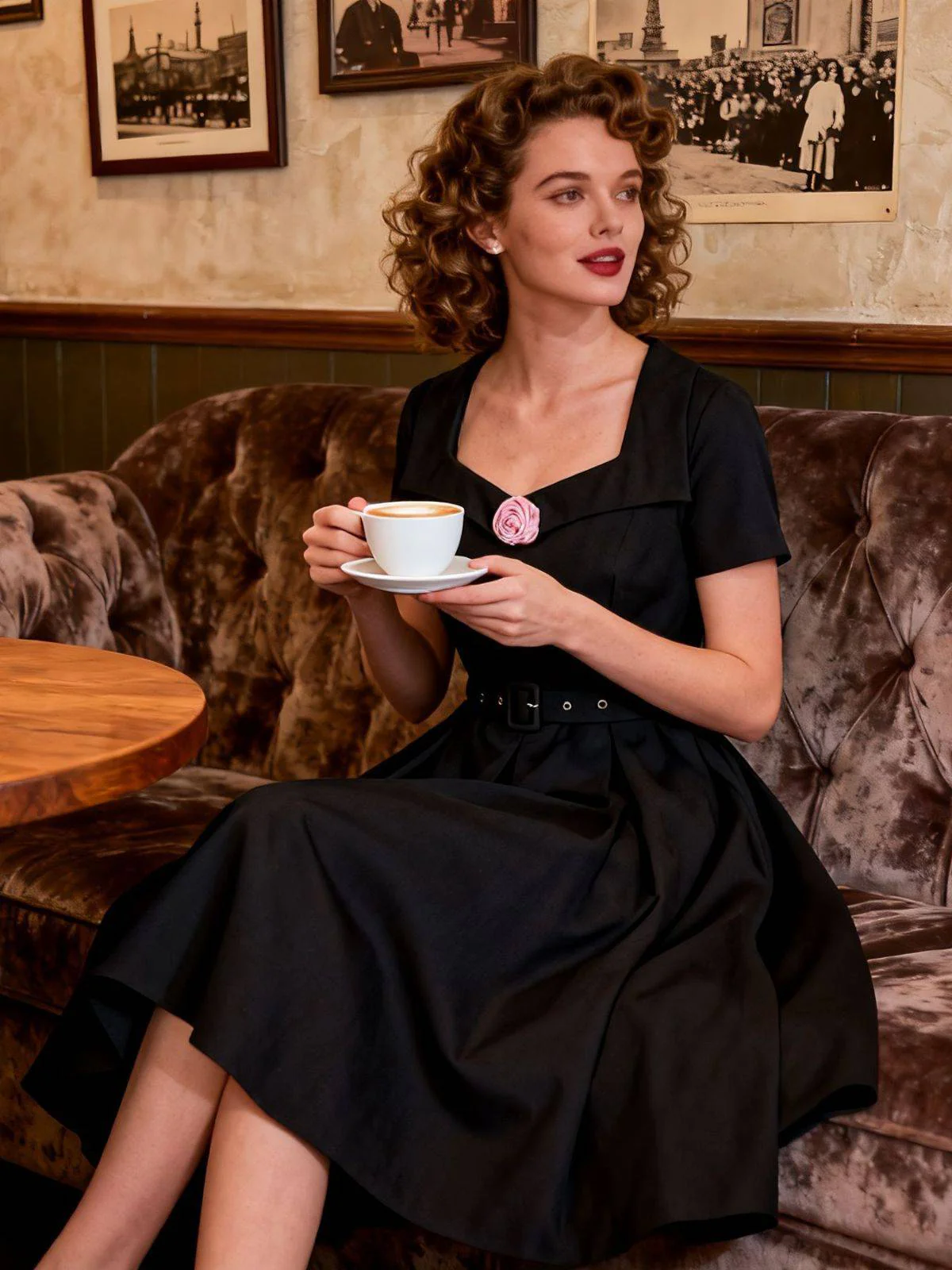 Schwarz 1950er Solide 3D Rose Revers Swing Kleid - Image 2