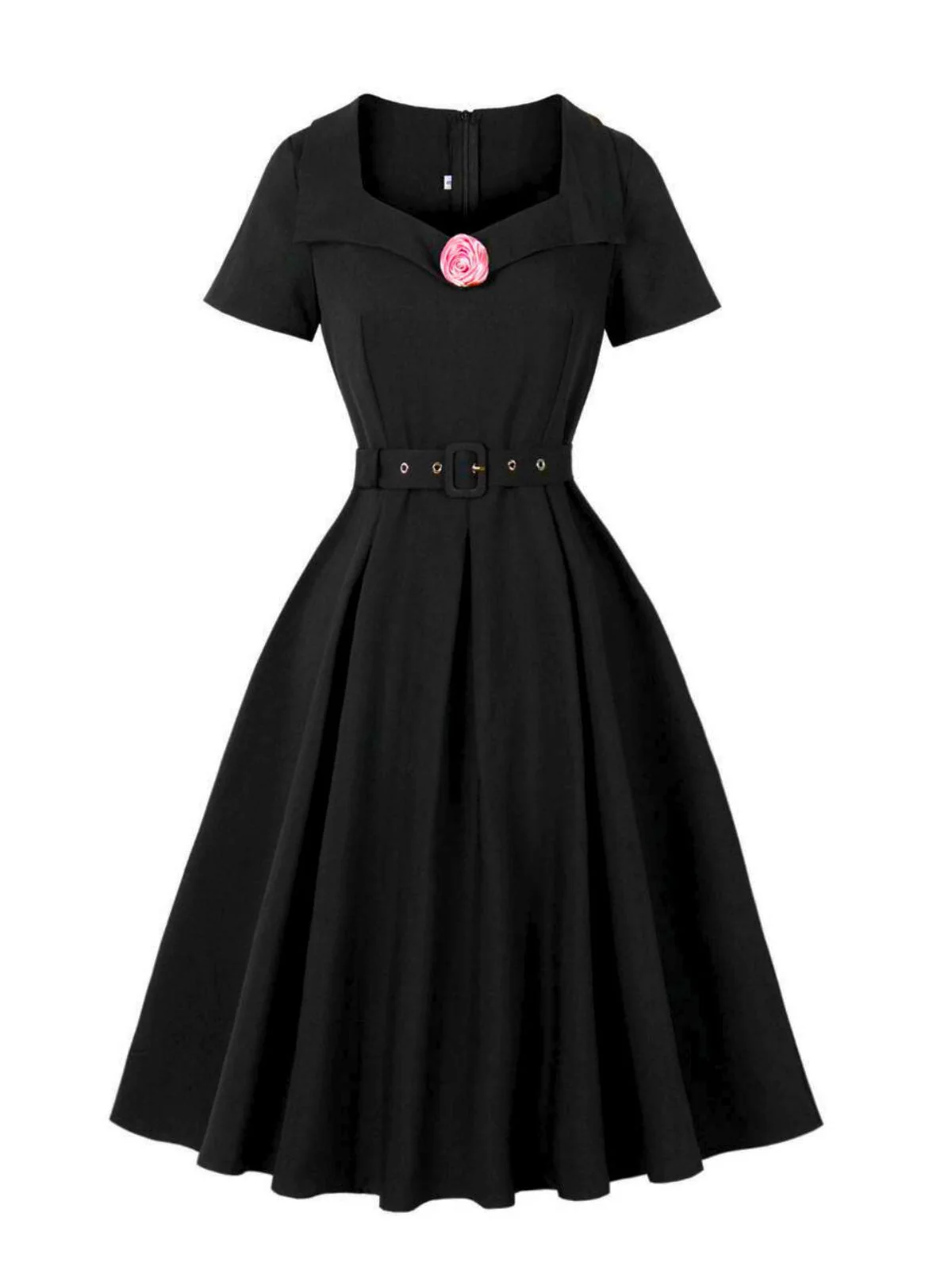 Schwarz 1950er Solide 3D Rose Revers Swing Kleid - Image 3