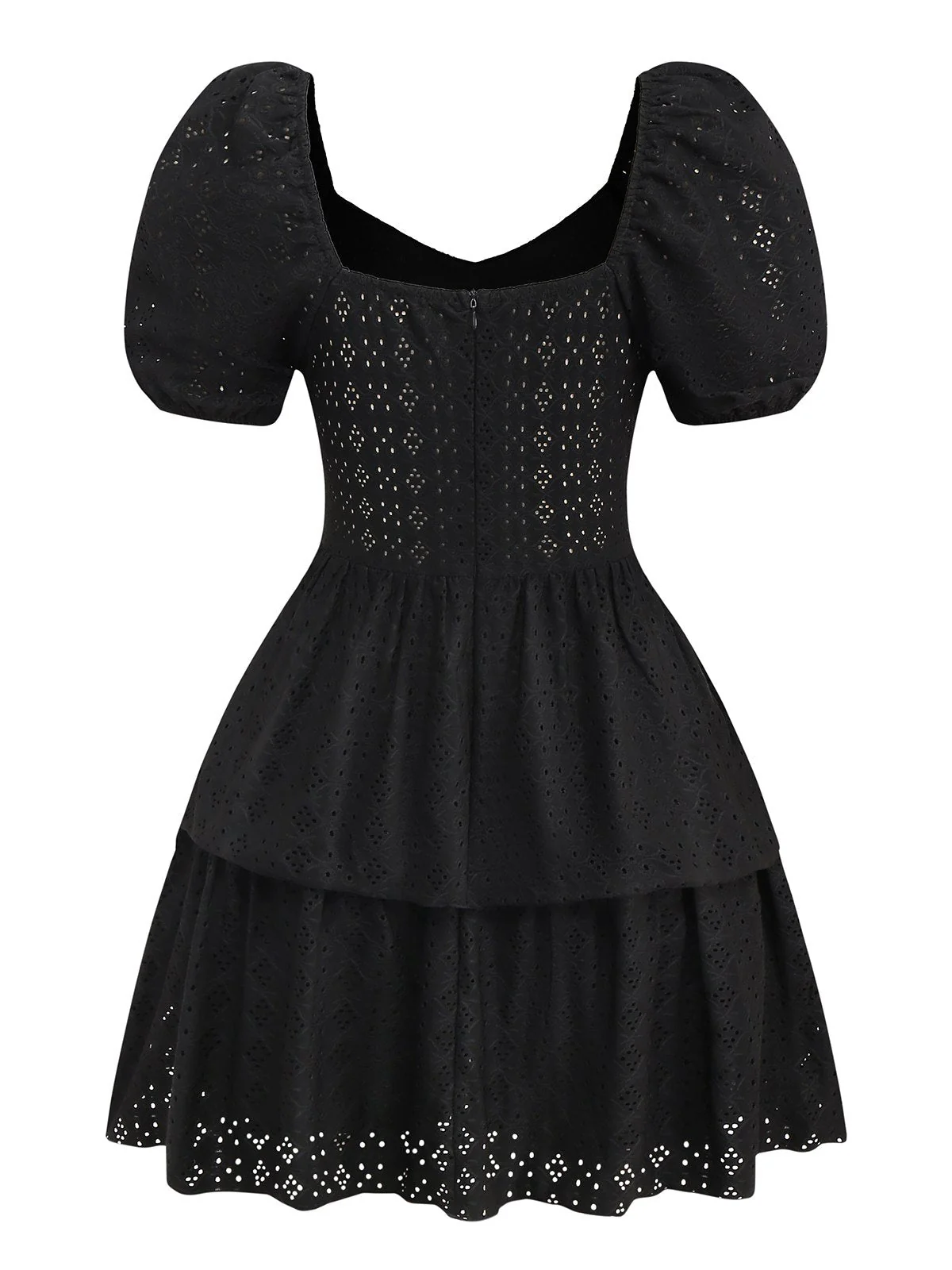 Schwarz 1950er Solide Puffärmel Korsett Hohl Stricken Kleid - Image 2