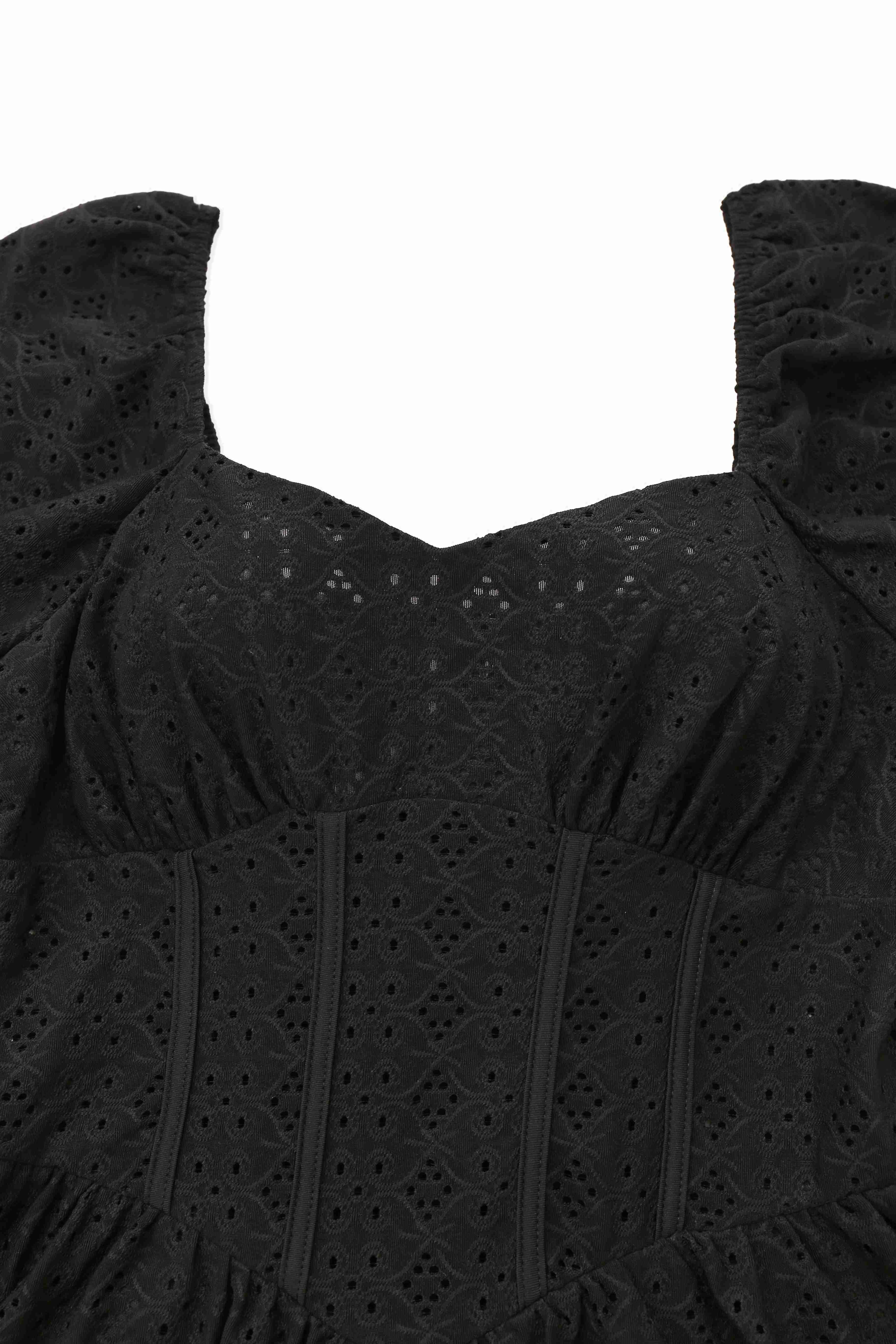 Schwarz 1950er Solide Puffärmel Korsett Hohl Stricken Kleid - Image 3