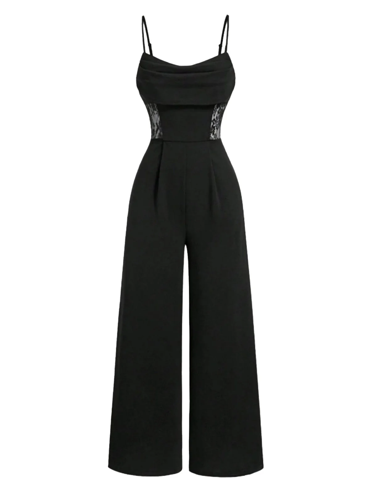 Schwarz 1950er Solide Schalkragen Spitze Patchwork Jumpsuit - Image 2