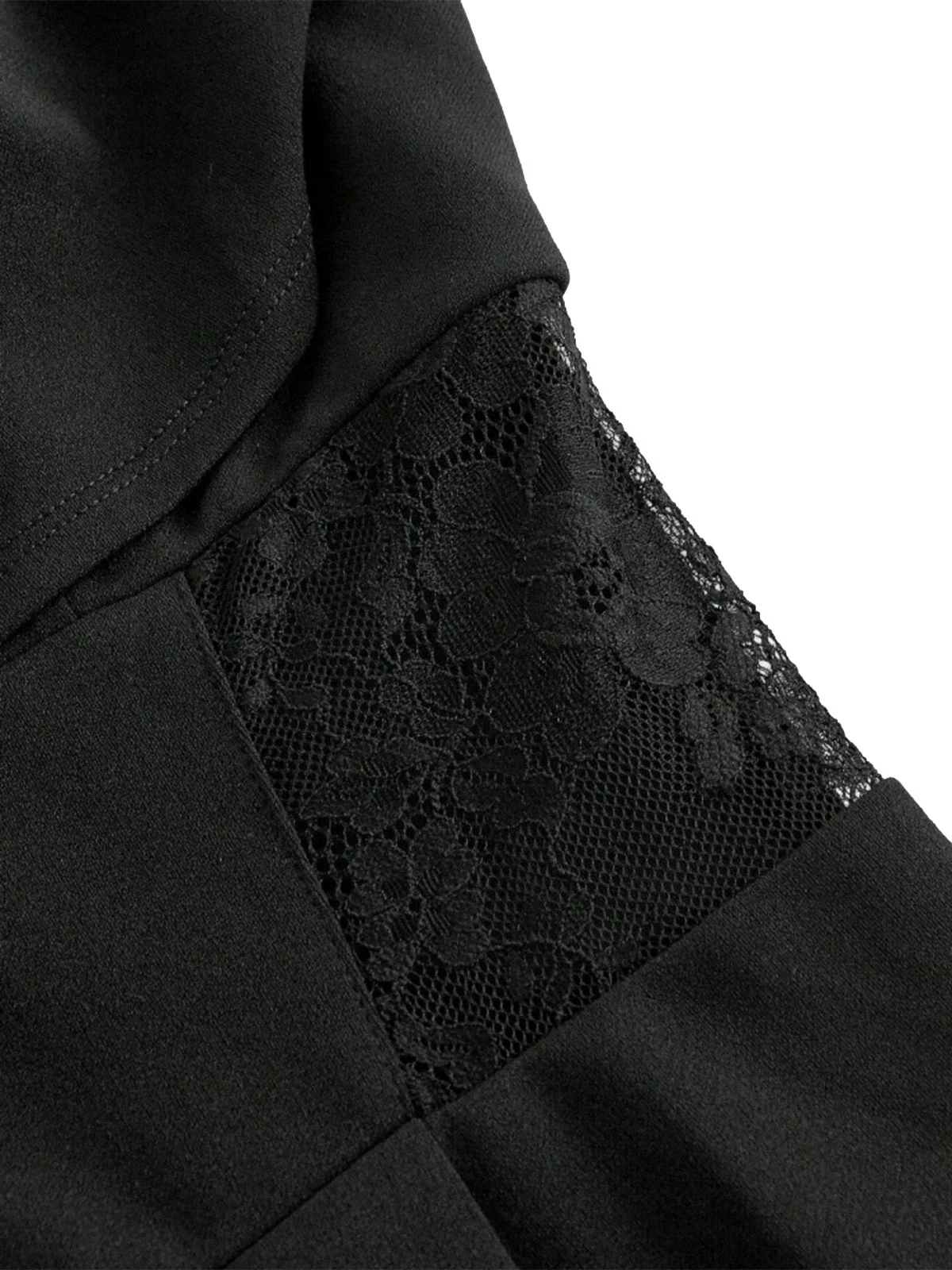 Schwarz 1950er Solide Schalkragen Spitze Patchwork Jumpsuit - Image 4
