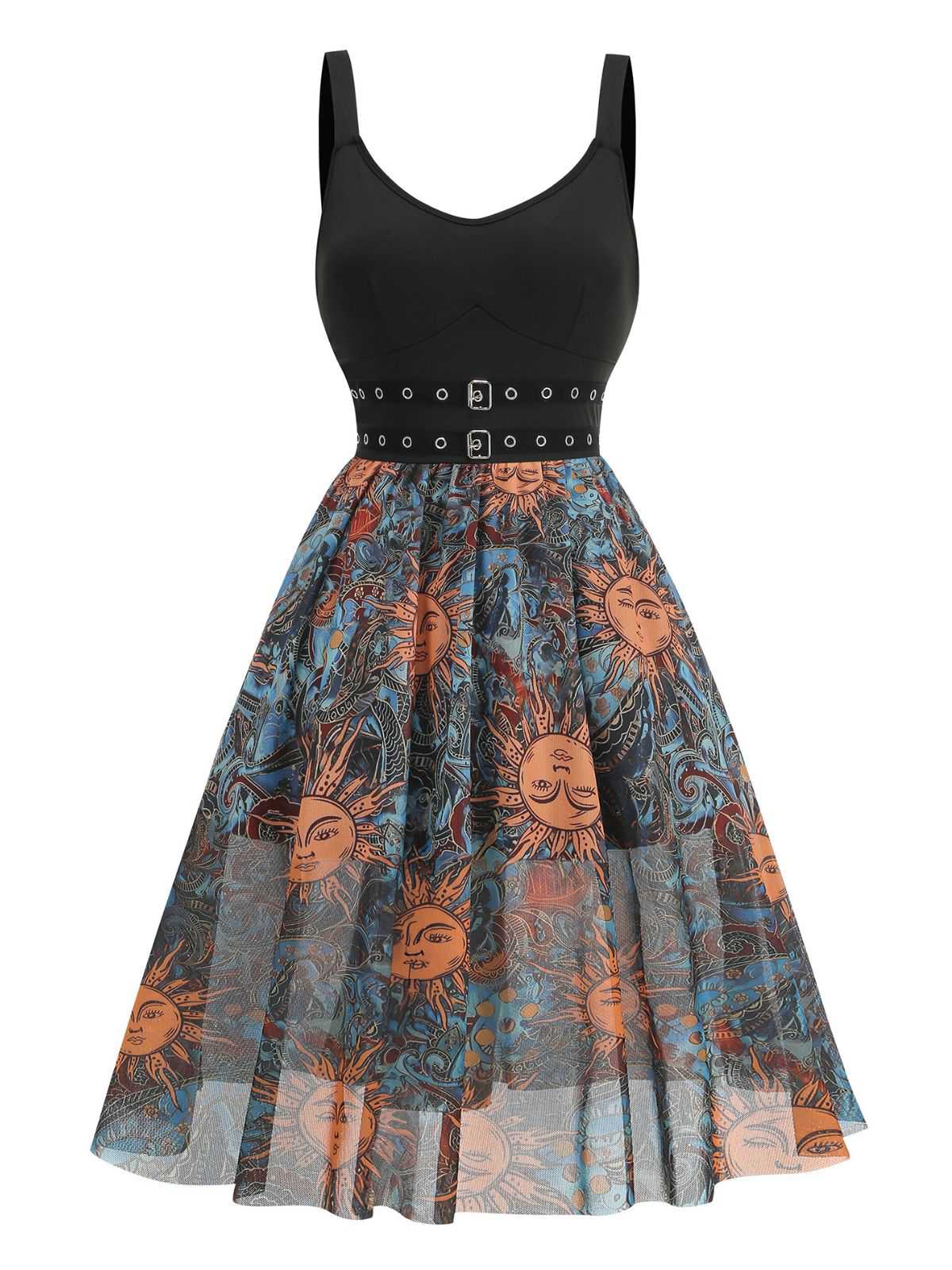 Schwarz 1950er Sonnengesicht Ärmellos A-linie Kleid