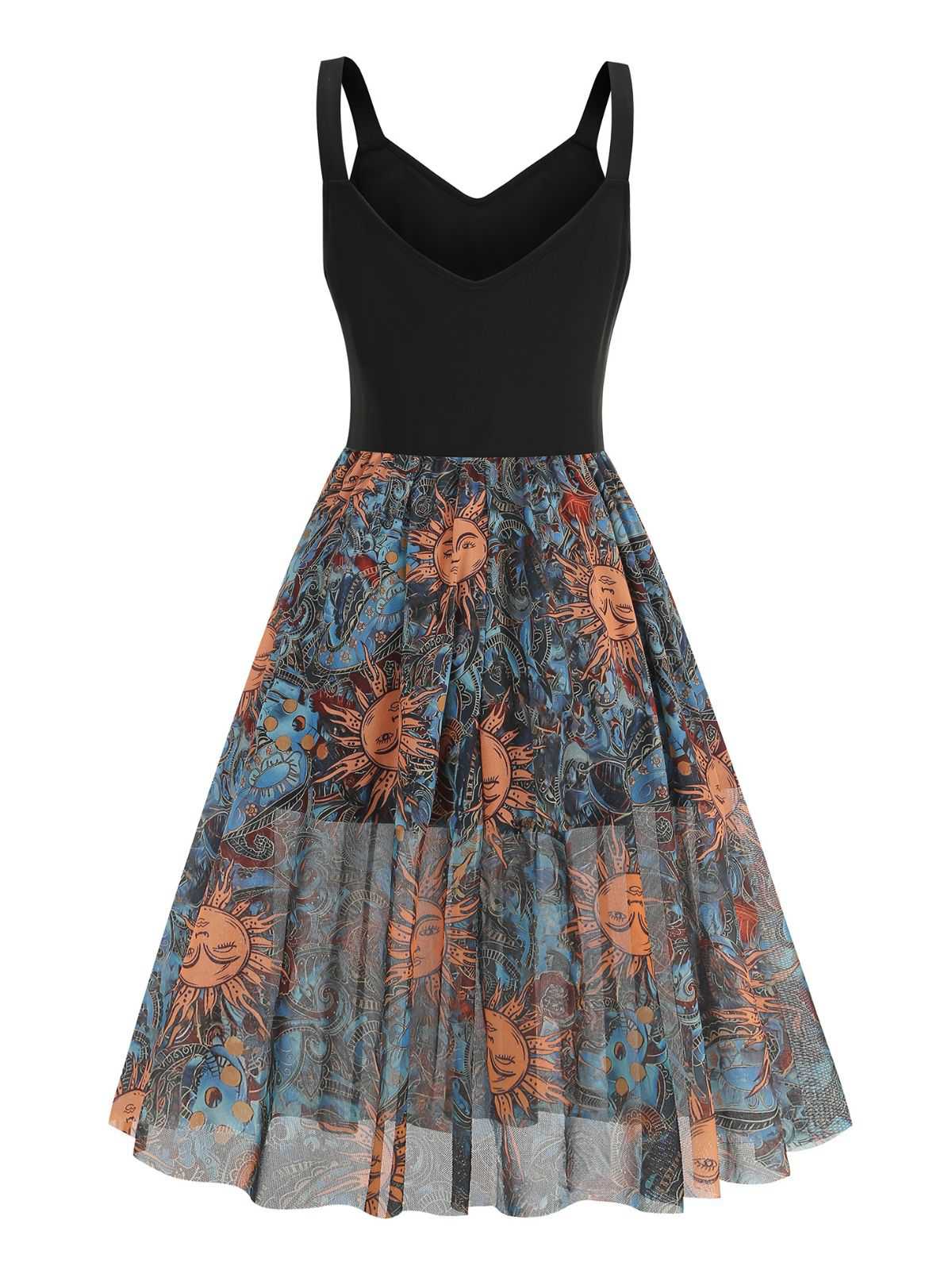 Schwarz 1950er Sonnengesicht Ärmellos A-linie Kleid - Image 2
