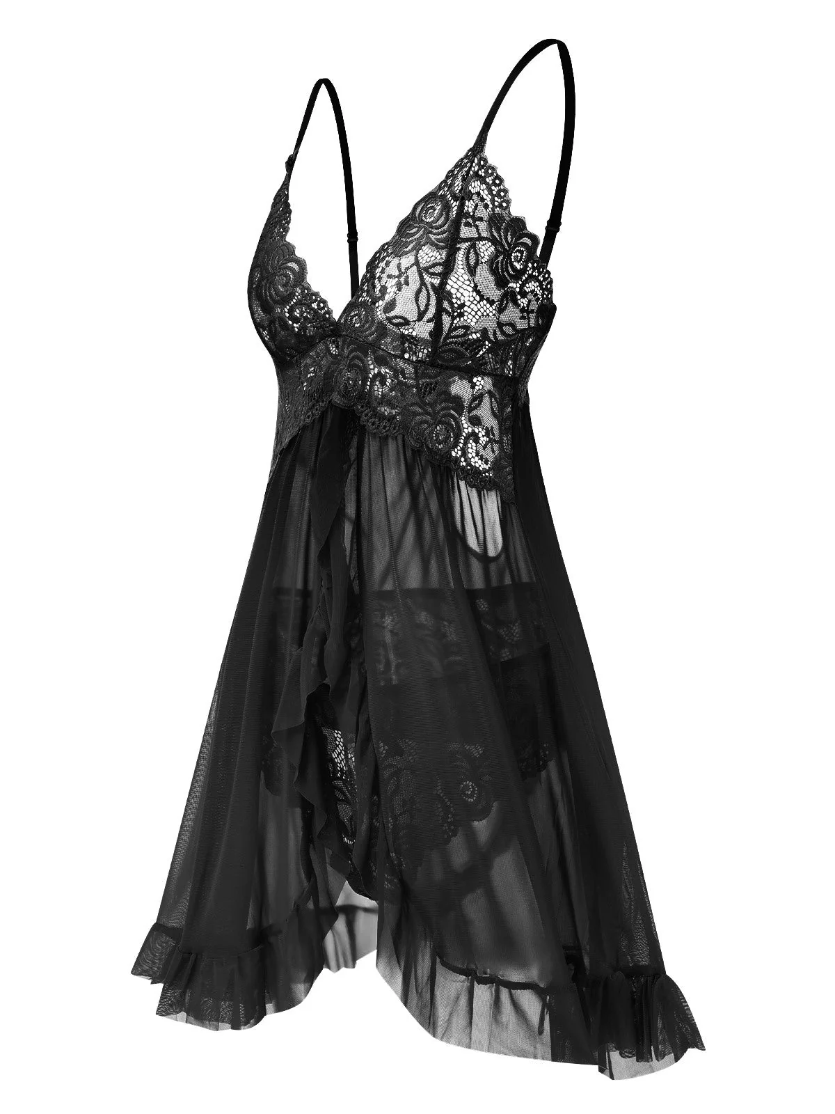 Schwarz 1950er Spaghetti Träger Spitze Transparent Nachthemd - Image 3
