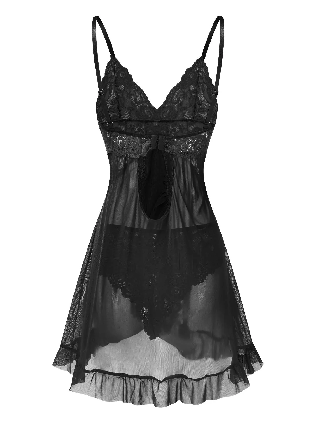 Schwarz 1950er Spaghetti Träger Spitze Transparent Nachthemd - Image 4