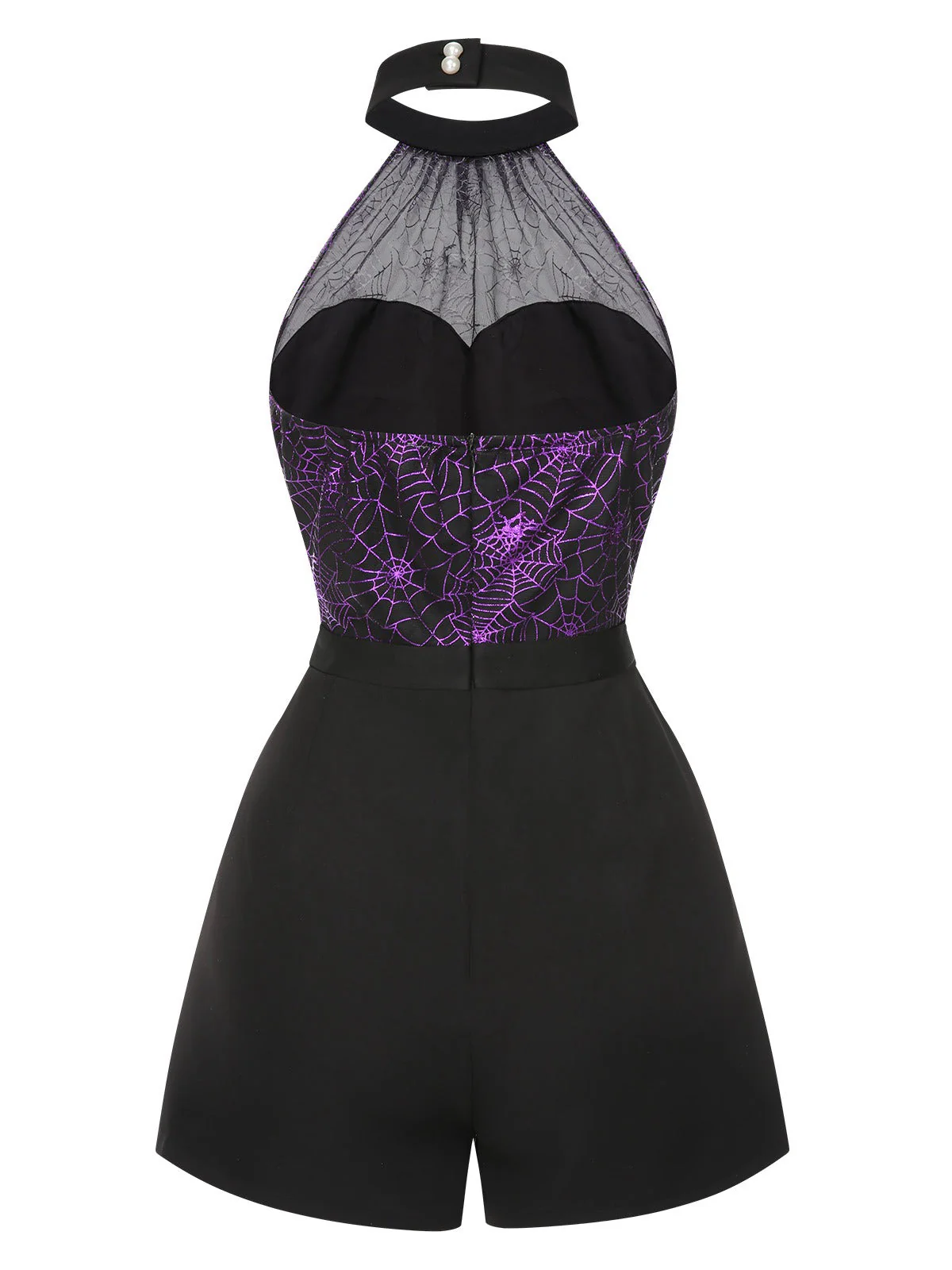 Schwarz 1950er Halloween Spinnennetz Masche Halter Romper - Image 3