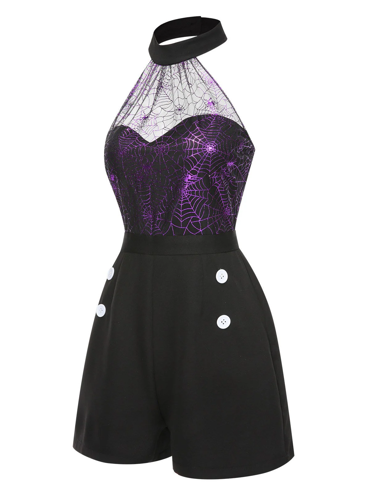 Schwarz 1950er Halloween Spinnennetz Masche Halter Romper - Image 4