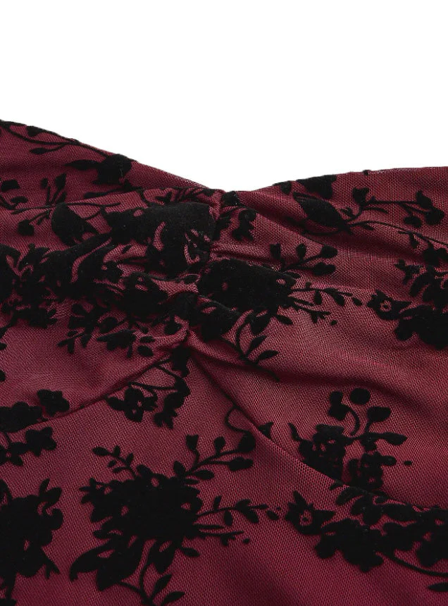 Weinrot 1950er Spitze Blumen Bischofsärmel Kleid - Image 7