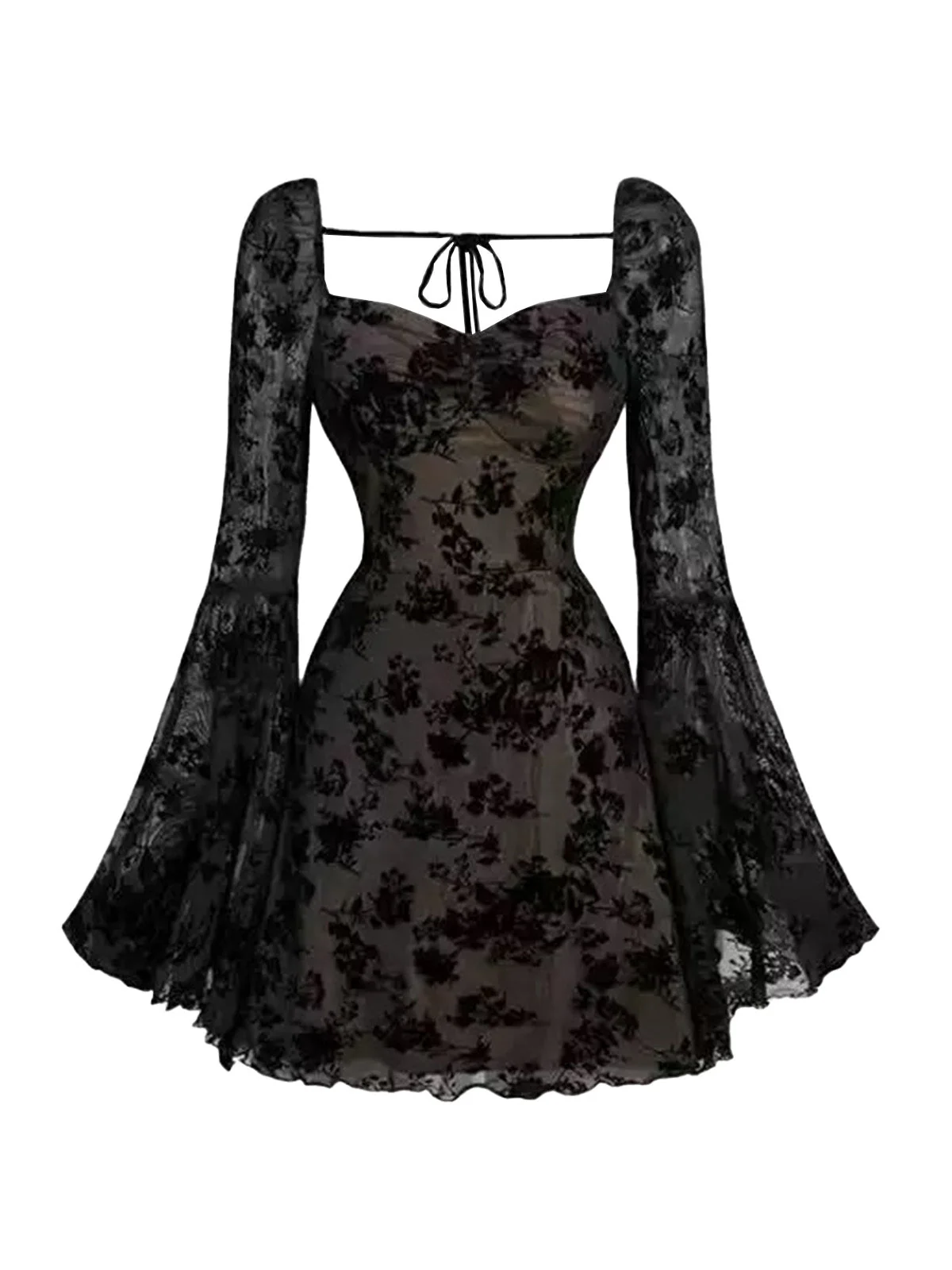Weinrot 1950er Spitze Blumen Bischofsärmel Kleid - Image 8