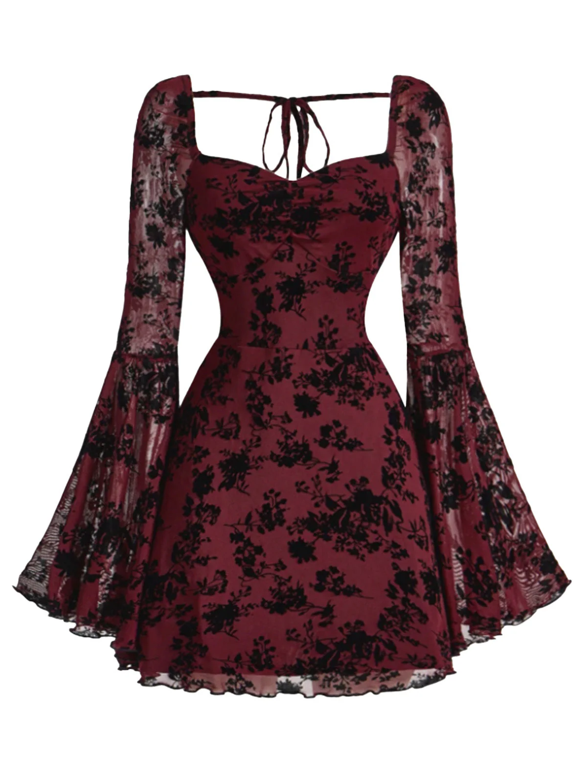 Weinrot 1950er Spitze Blumen Bischofsärmel Kleid - Image 4