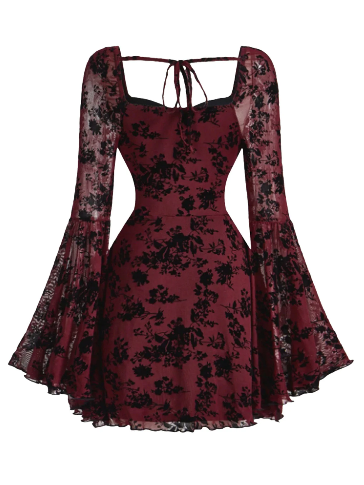 Weinrot 1950er Spitze Blumen Bischofsärmel Kleid - Image 5