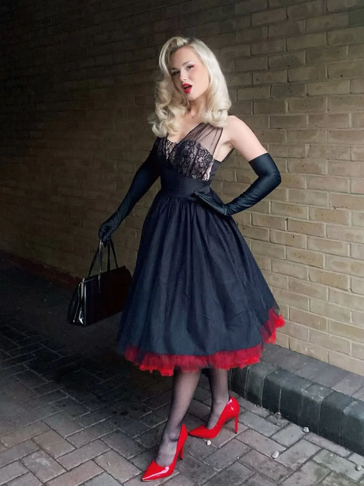 Schwarz 1950er Spitze Blumen Netz Swing Kleid - Image 2