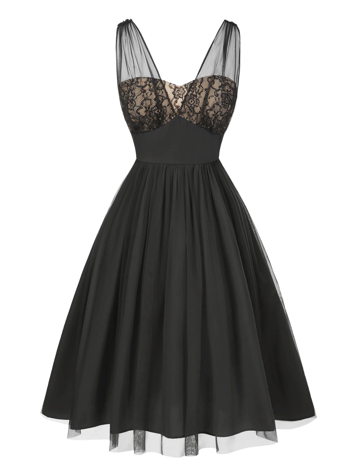 Schwarz 1950er Spitze Blumen Netz Swing Kleid - Image 3