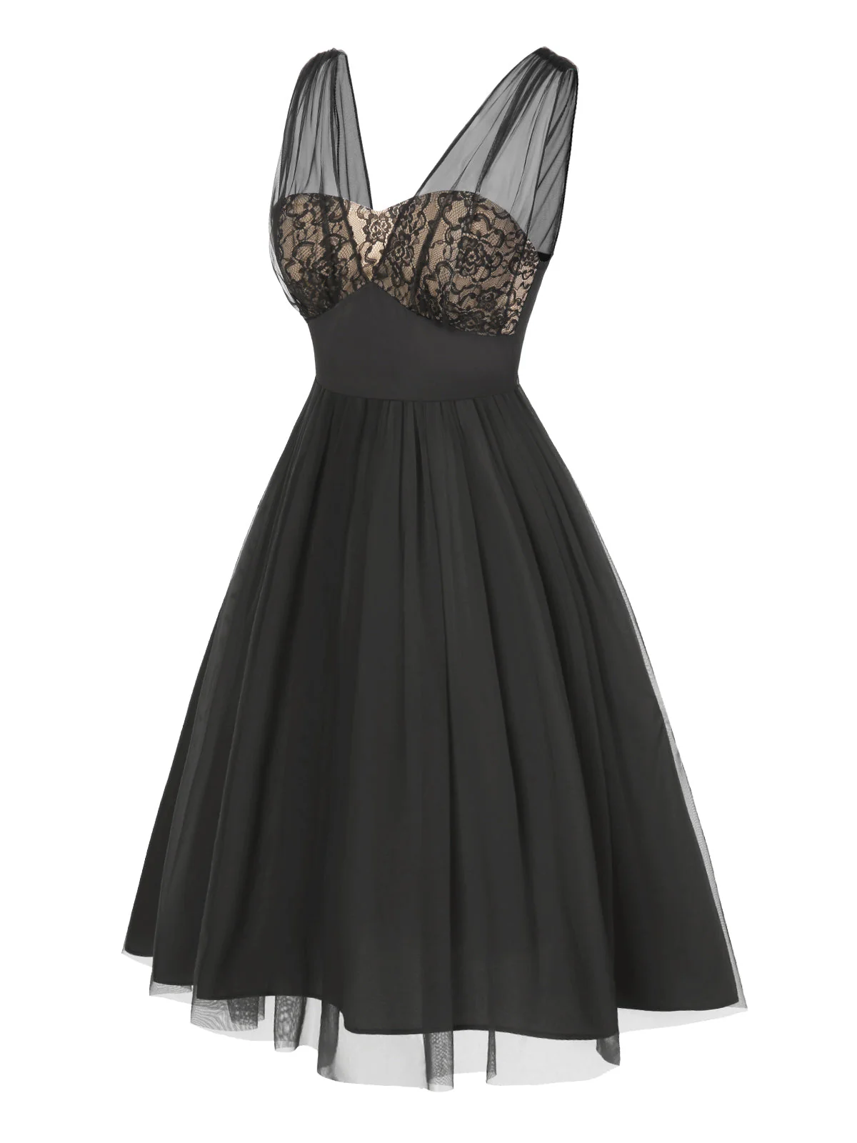 Schwarz 1950er Spitze Blumen Netz Swing Kleid - Image 4