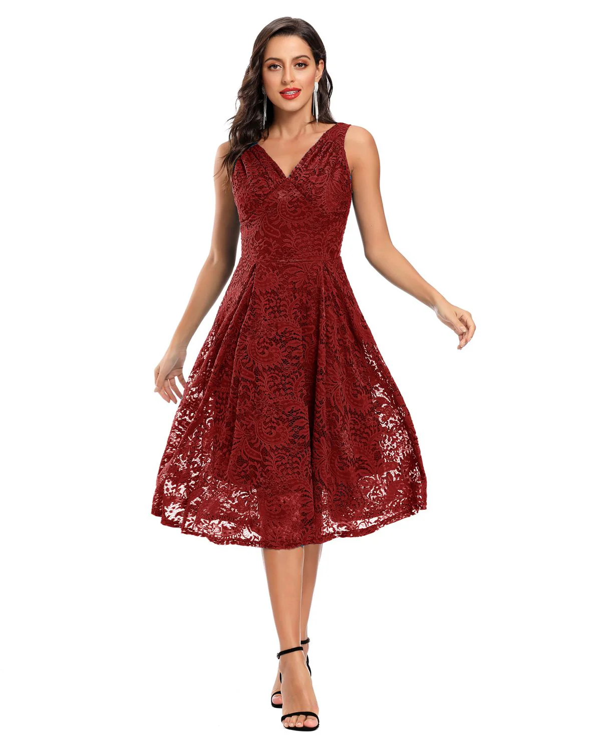 Rot 1950ER SPITZE BLUMEN SWING KLEID - Image 4