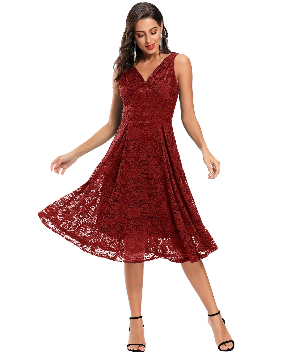 Rot 1950ER SPITZE BLUMEN SWING KLEID - Image 6