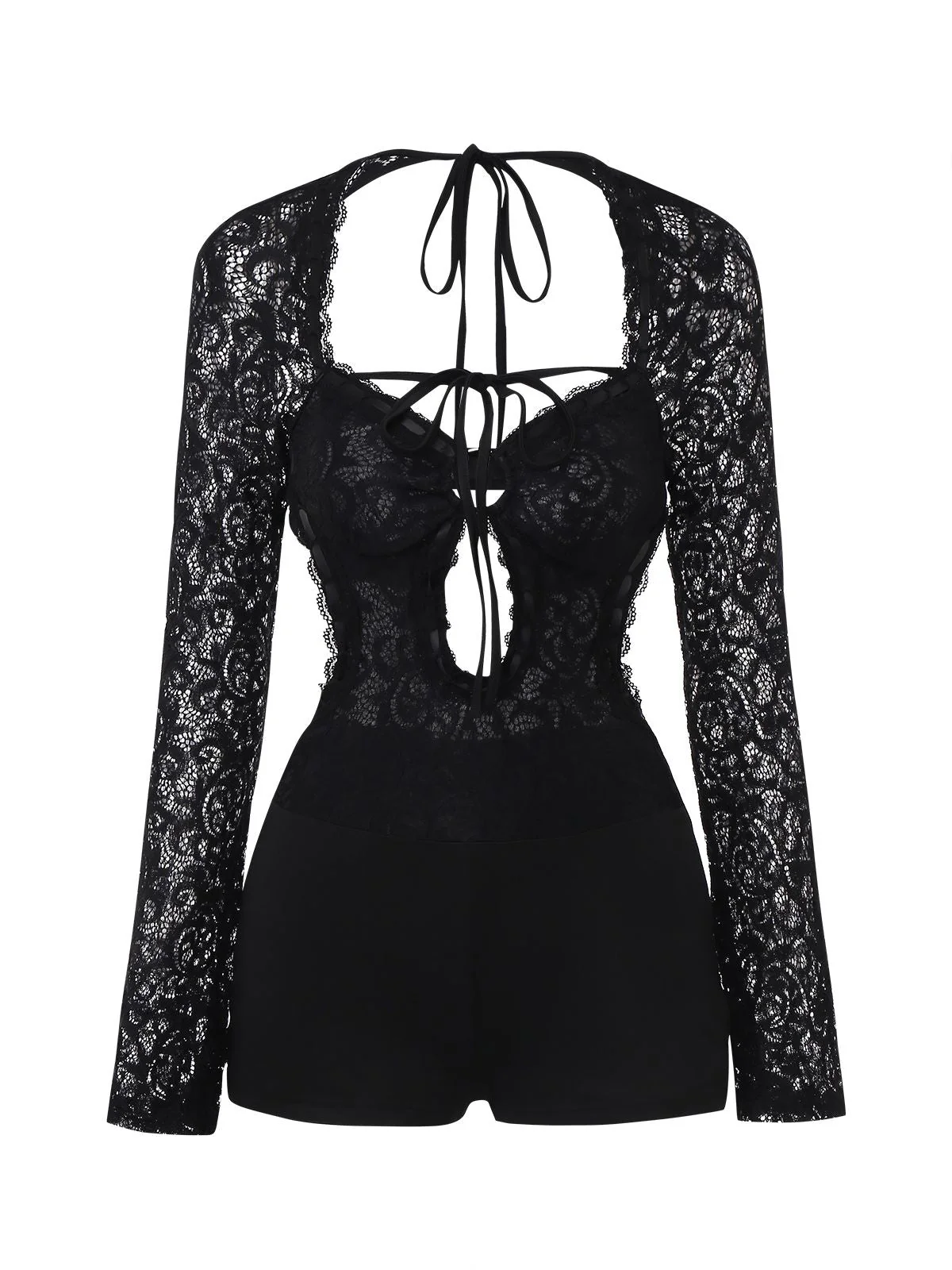 Schwarz 1950er Spitze Langärmel Cutout Bodysuit Romper - Image 2