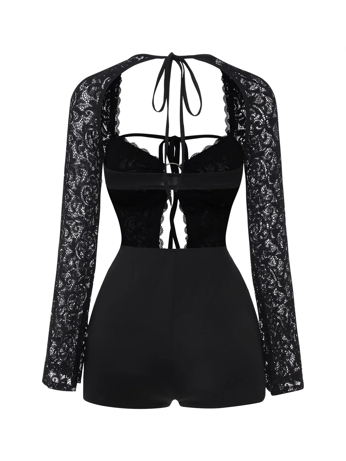 Schwarz 1950er Spitze Langärmel Cutout Bodysuit Romper - Image 3