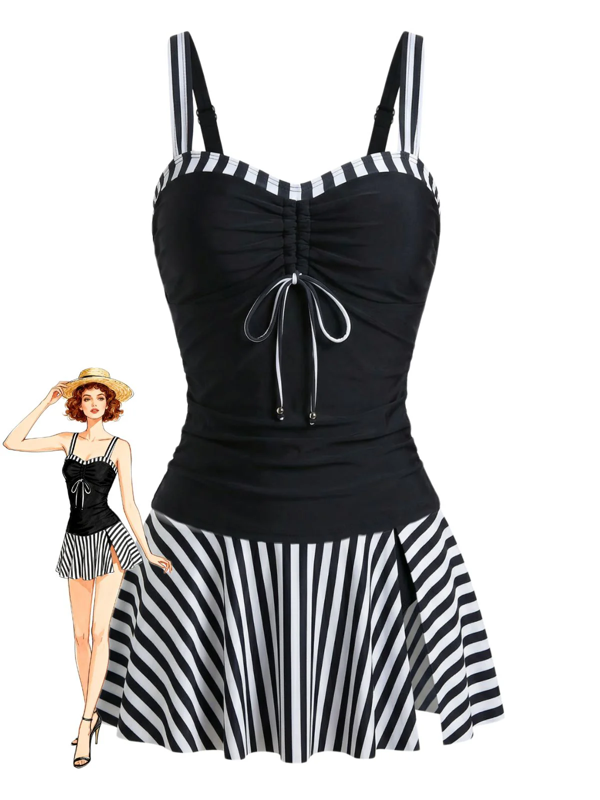 Schwarz 1950er Streifen Farbblock Gerafft Tankini Set