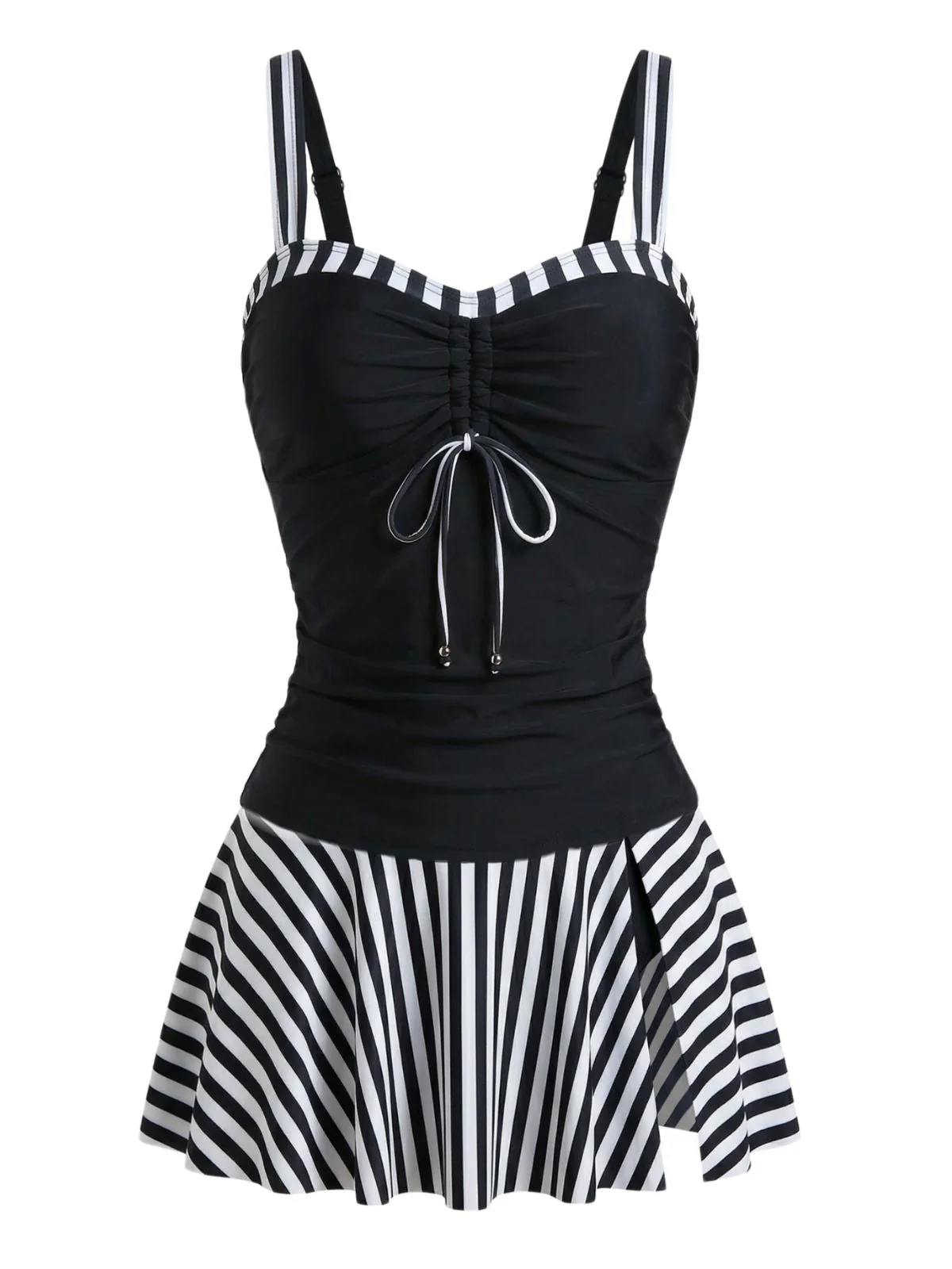 Schwarz 1950er Streifen Farbblock Gerafft Tankini Set - Image 3