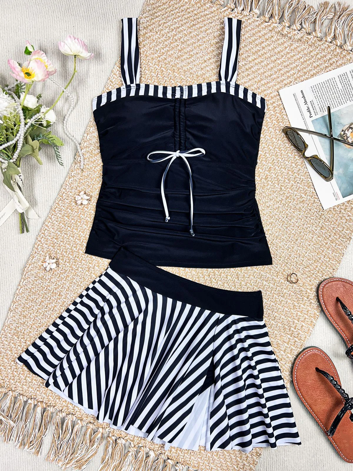 Schwarz 1950er Streifen Farbblock Gerafft Tankini Set - Image 5