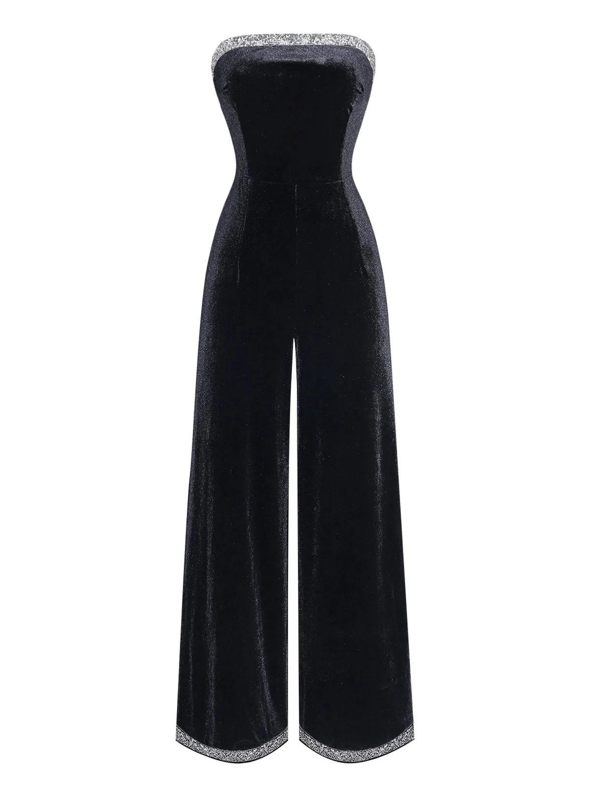Schwarz 1950er Trägerlos Samt Strassstein Patchwork Jumpsuit - Image 2