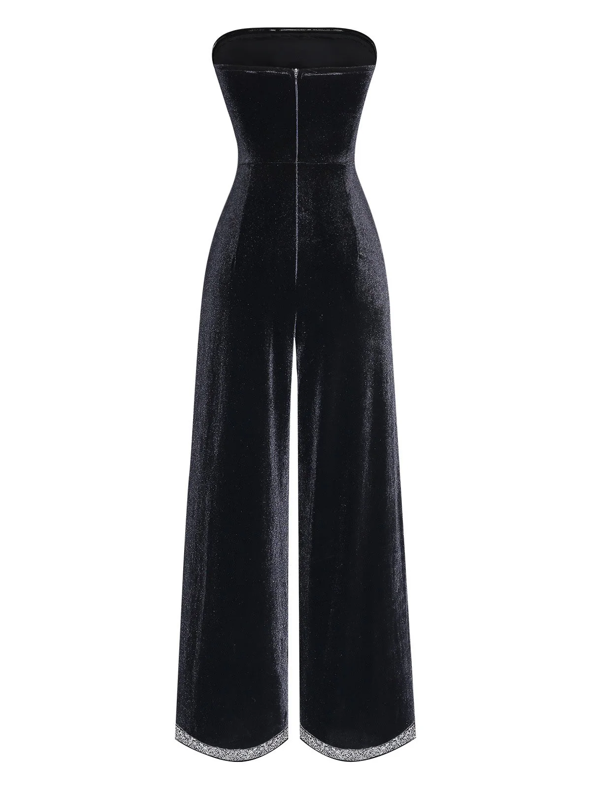 Schwarz 1950er Trägerlos Samt Strassstein Patchwork Jumpsuit - Image 3