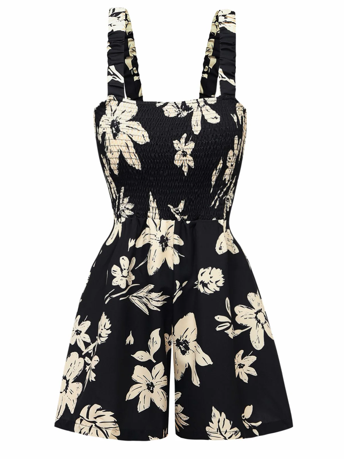Schwarz 1950er Tropisch Botanisch Eckiger Ausschnitt Romper - Image 2