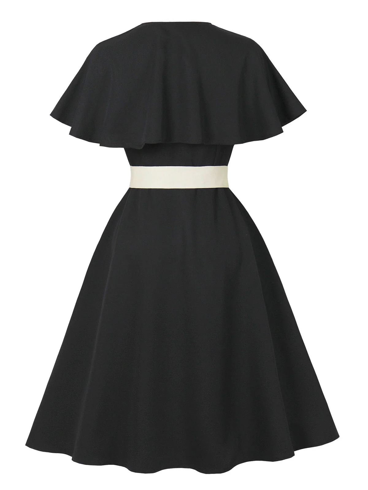 Schwarz 1950er V-Ausschnitt Cape-Kragen Gürtel Kleid - Image 2