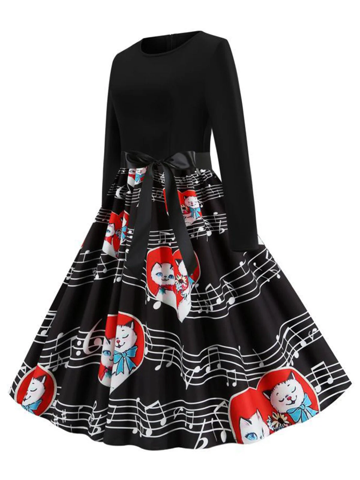 Schwarz 1950er Valentinstag Katze & Musiknote Patchwork Kleid - Image 2