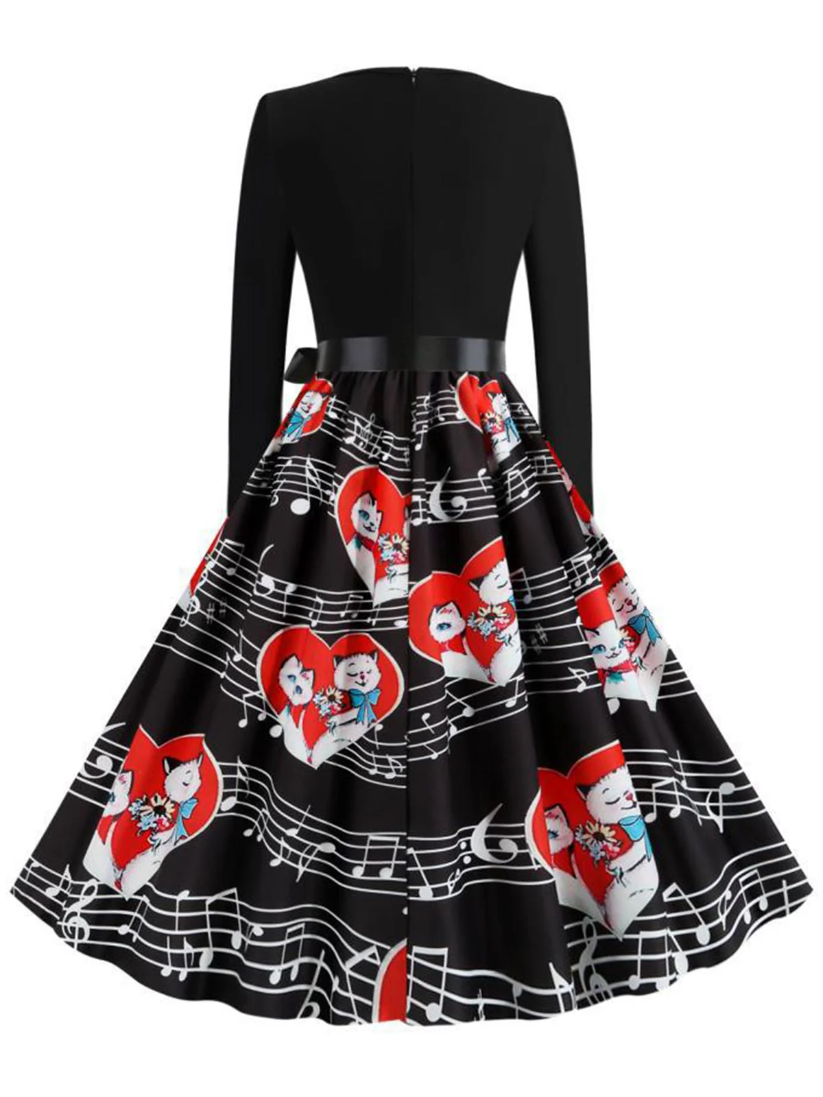 Schwarz 1950er Valentinstag Katze & Musiknote Patchwork Kleid - Image 3