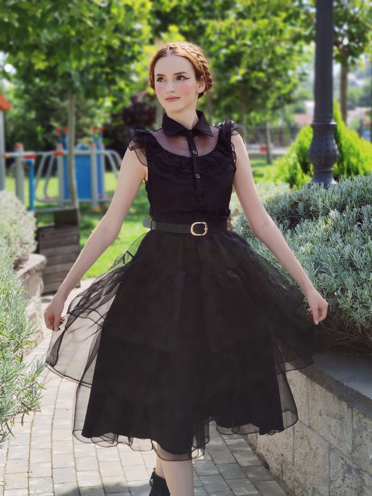 Schwarz 1950er Wednesday Kostüm Solide Gothic Spitze Kleid mit Gürtel - Image 2
