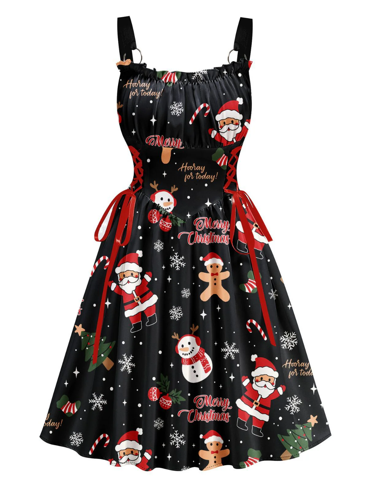 Schwarz 1950er Weihnachten Breite Träger Schnürung Kleid - Image 2