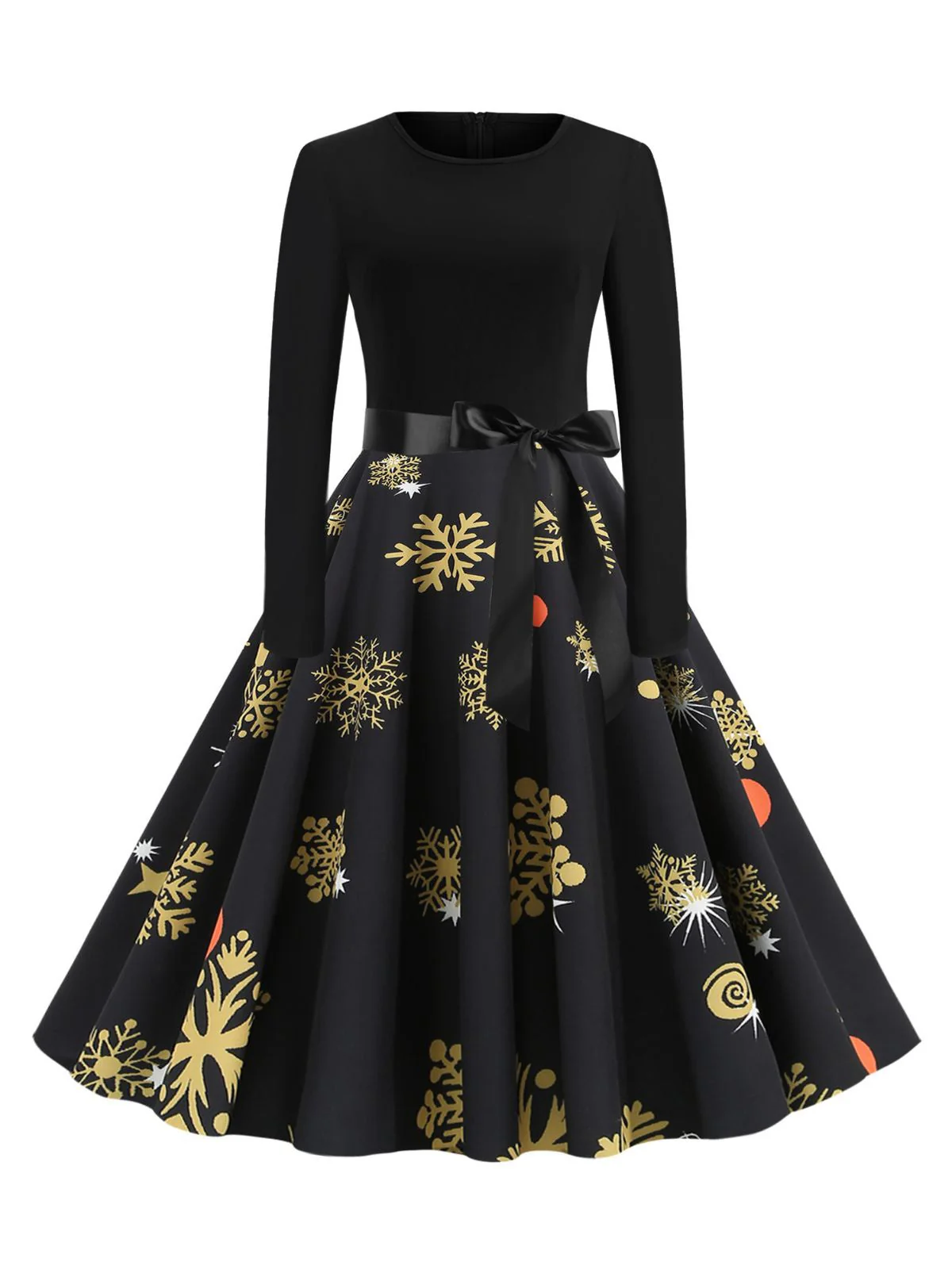 Schwarz 1950er Weihnachten Schneeflocke Schleife Gürtel Kleid - Image 2