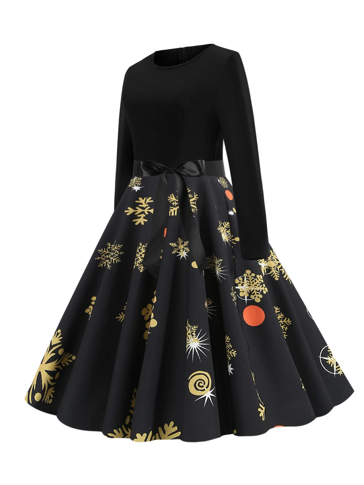 Schwarz 1950er Weihnachten Schneeflocke Schleife Gürtel Kleid - Image 3