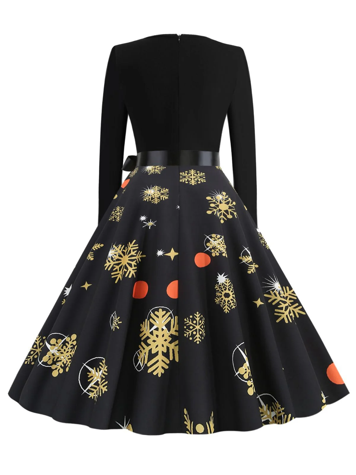 Schwarz 1950er Weihnachten Schneeflocke Schleife Gürtel Kleid - Image 4
