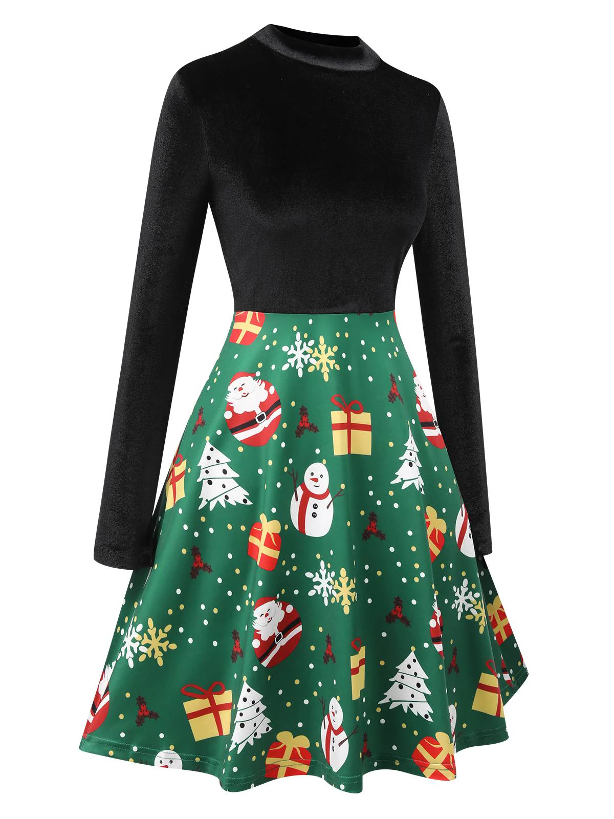 Schwarz 1950er Weihnachten Stehkragen Samt Kleid - Image 2