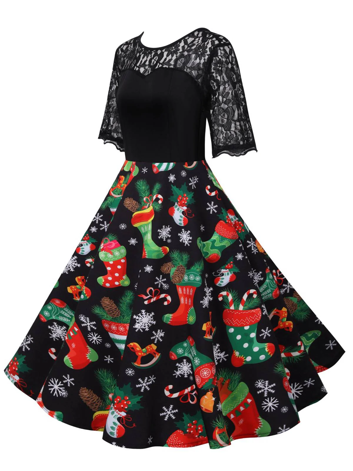 Schwarz 1950er Weihnachten Strumpf Spitze Patchwork Kleid - Image 2