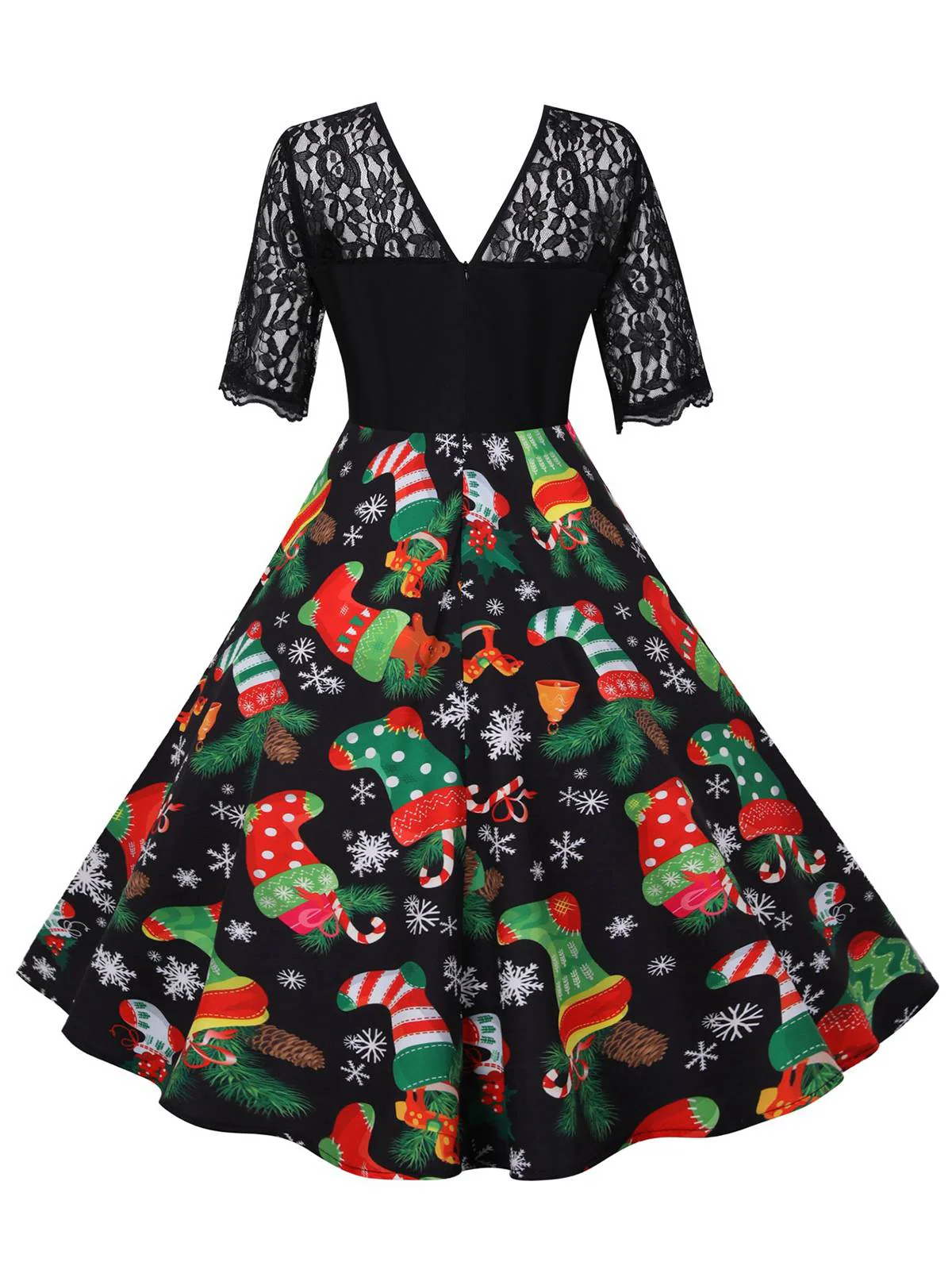 Schwarz 1950er Weihnachten Strumpf Spitze Patchwork Kleid - Image 3