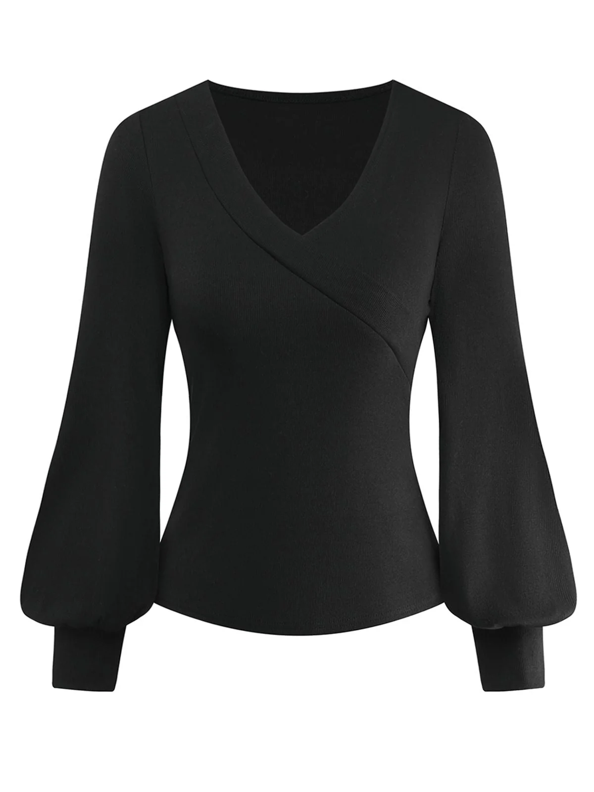 Schwarz 1950S V-Ausschnitt Laternenärmel Stricken Top - Image 2