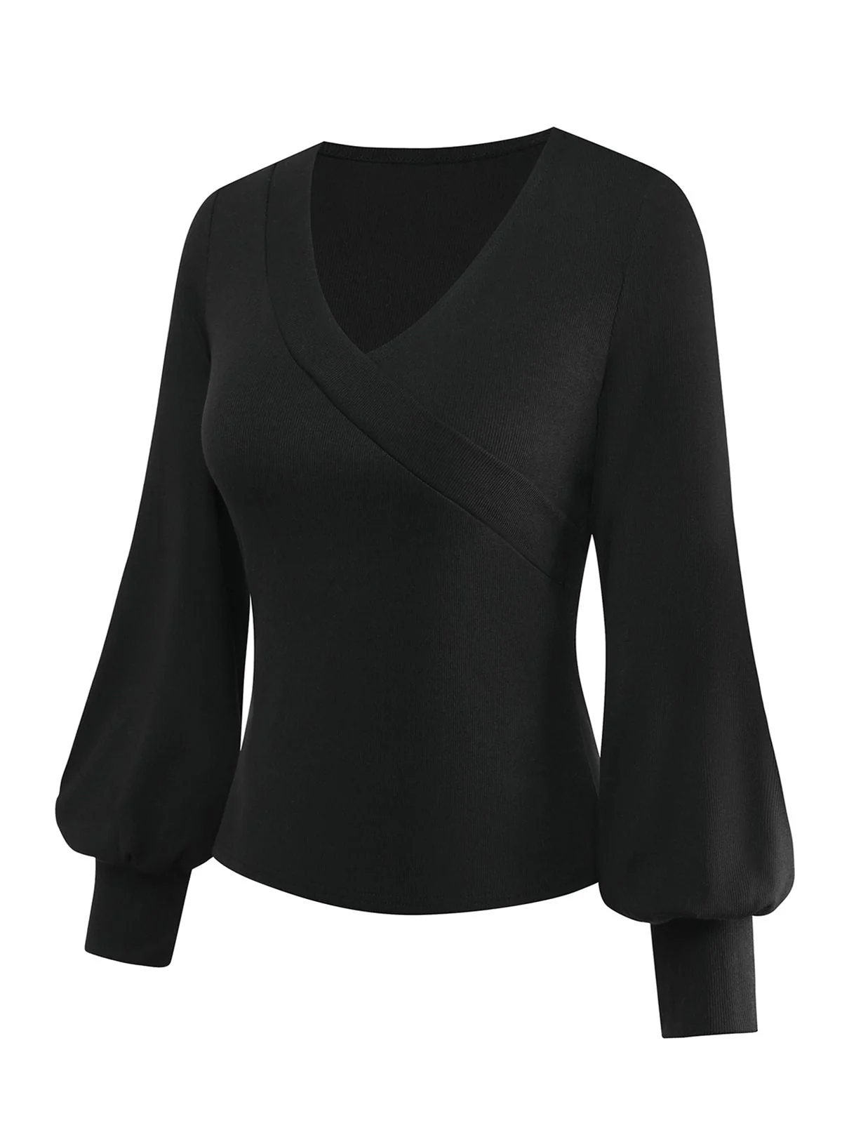 Schwarz 1950S V-Ausschnitt Laternenärmel Stricken Top - Image 3