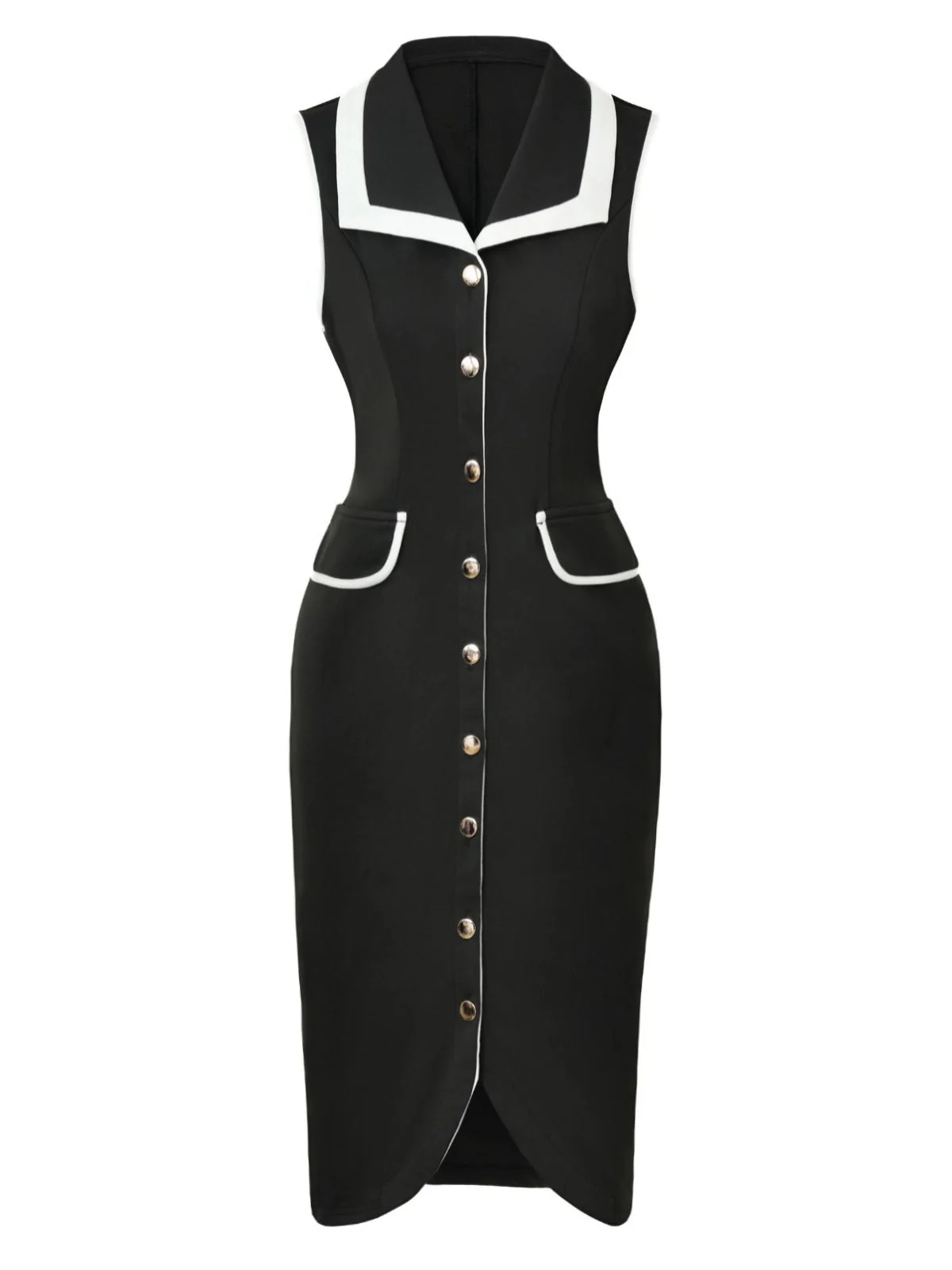 Schwarz 1960er Ärmellos Revers Knopf Enges Kleid - Image 2