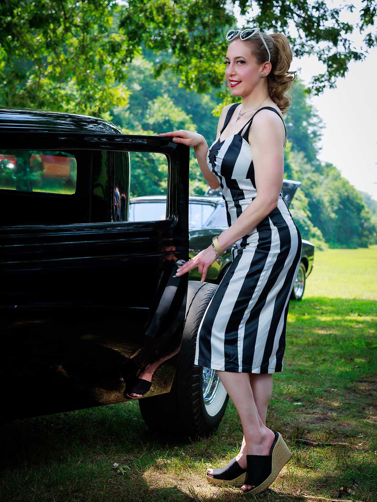 Schwarz 1960er Beetlejuice Kostüm Vertikale Streifen Träger Bleistiftkleid - Image 4