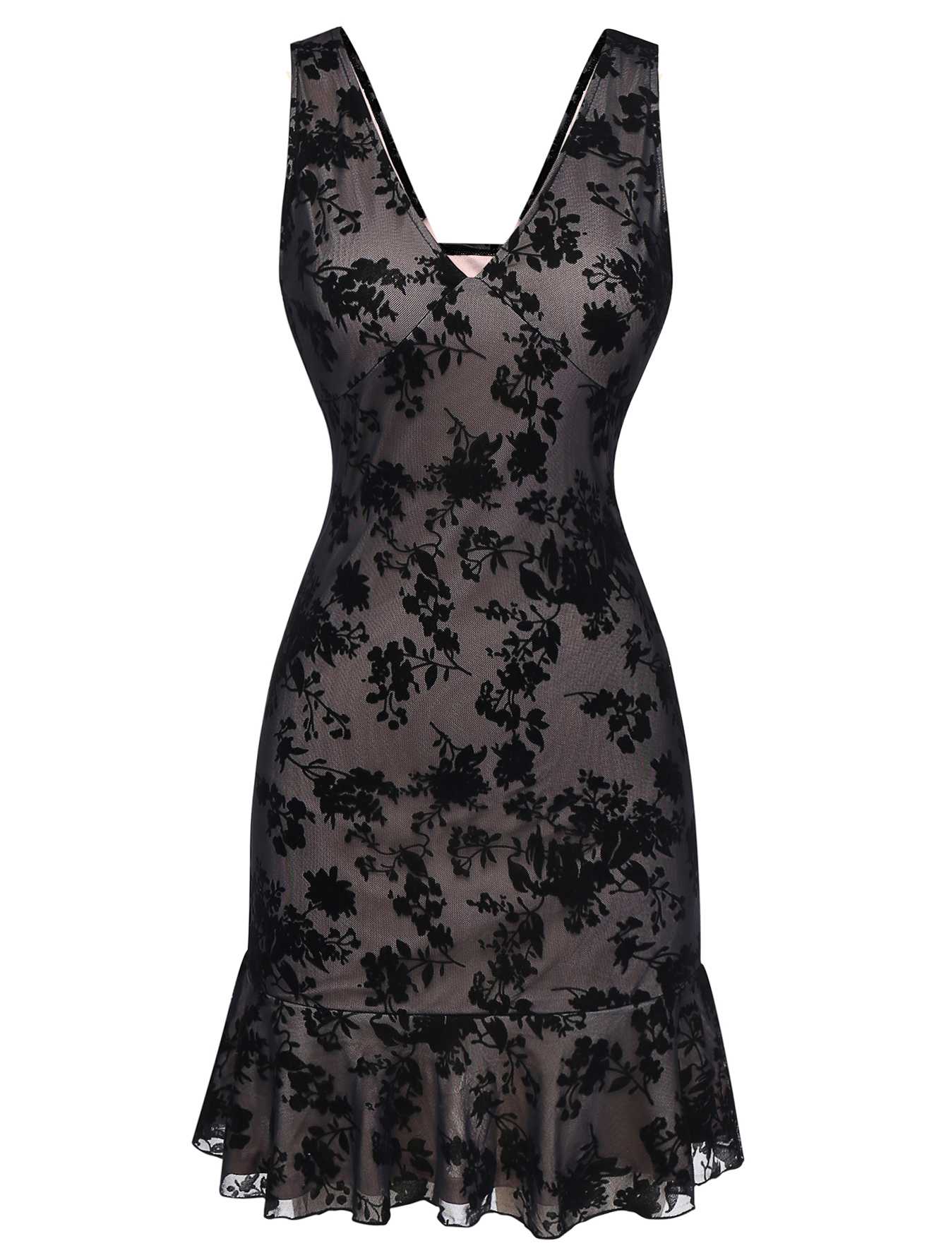 Schwarz 1960er Blumen Beflocktes Netz Rüschensaum Kleid - Image 2