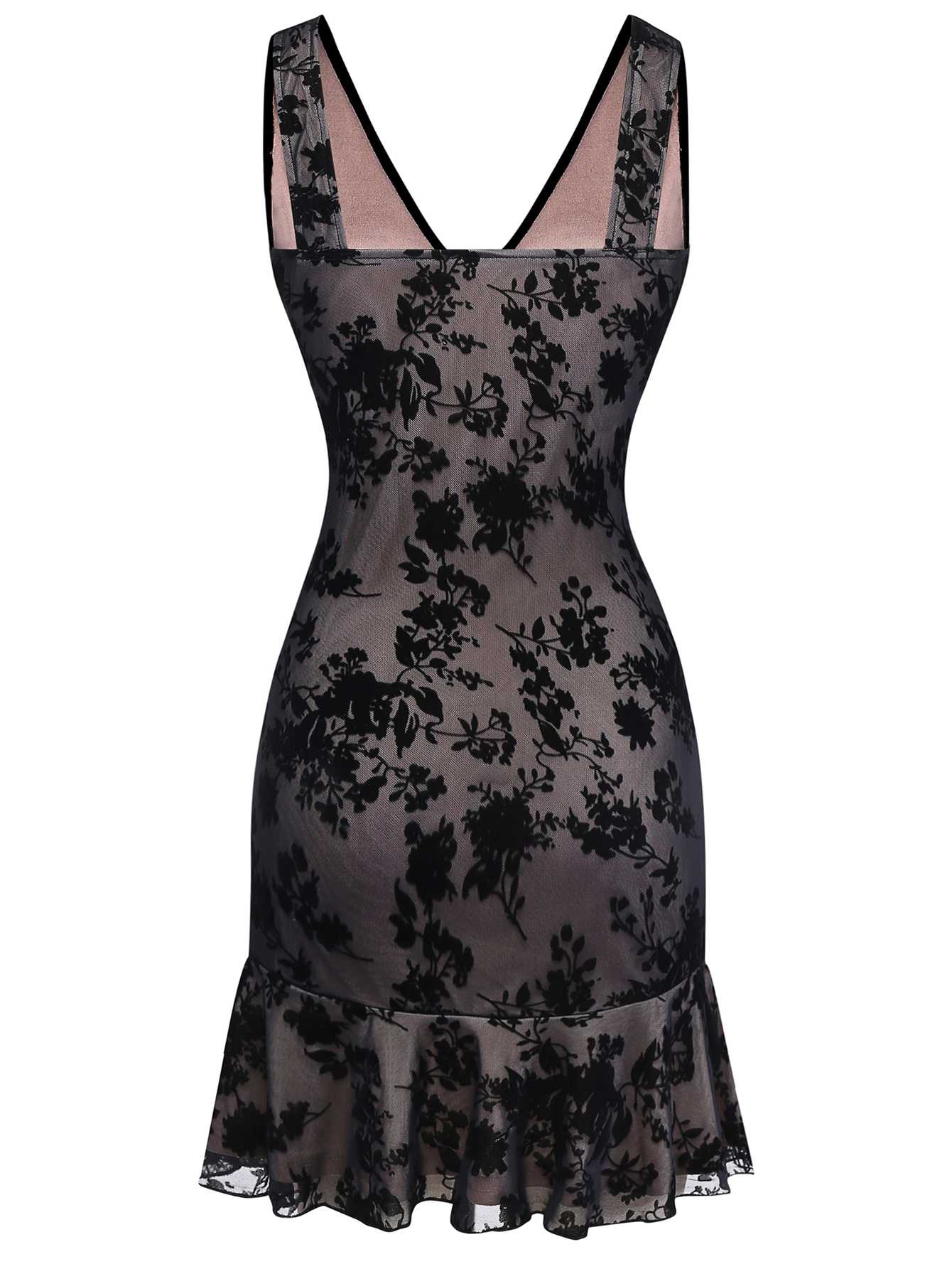 Schwarz 1960er Blumen Beflocktes Netz Rüschensaum Kleid - Image 3