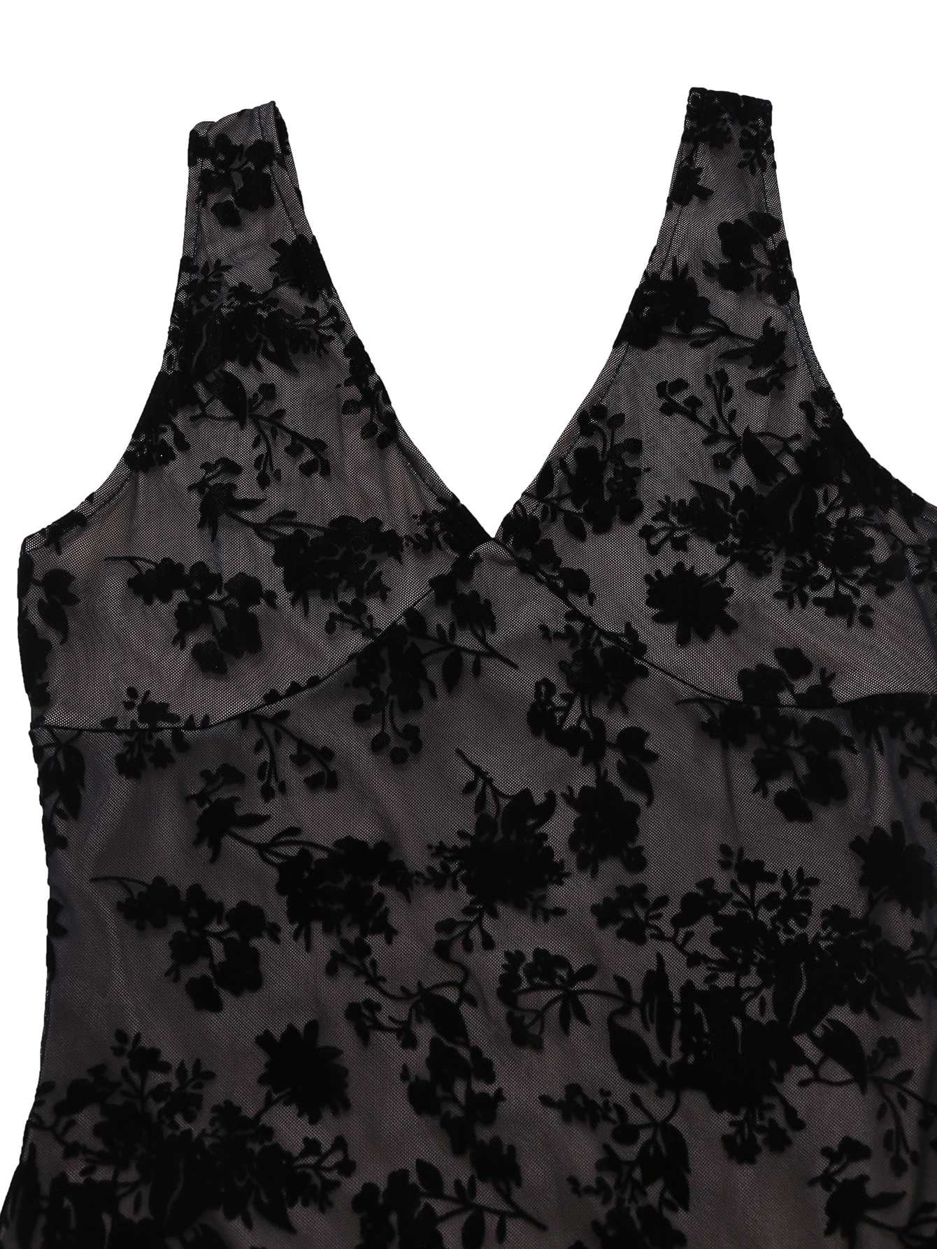 Schwarz 1960er Blumen Beflocktes Netz Rüschensaum Kleid - Image 4