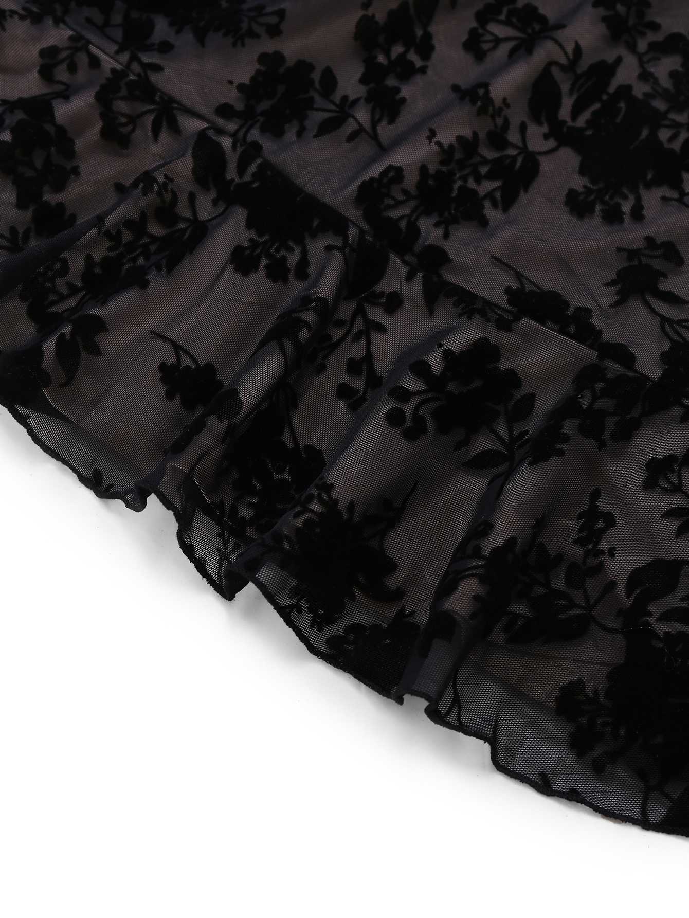 Schwarz 1960er Blumen Beflocktes Netz Rüschensaum Kleid - Image 6