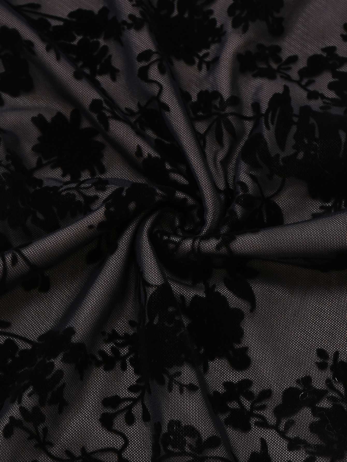 Schwarz 1960er Blumen Beflocktes Netz Rüschensaum Kleid - Image 7